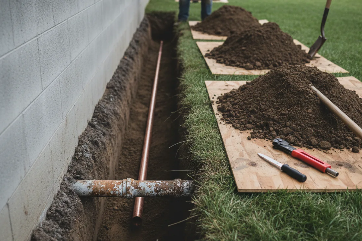 Excavated water line trench during Water Softener Installation in Scotts